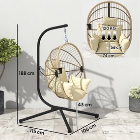 Outsunny Fotoliu tip ou suspendat, Scaun hamac/leagăn interior și exterior, Coș pliabil, Pernă căptușită, Kaki | Aosom Romania