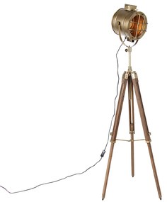 Lampa de podea trepied bronz cu spot de studio din lemn - Strălucitor