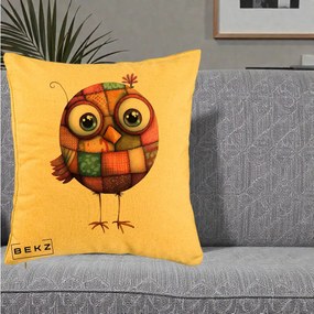 Perna Decorativa Pasare Patchwork Roz cu Floare, 40x40 cm, Galben, Husa Detasabila, Perna Inclusa, BEKZ®
