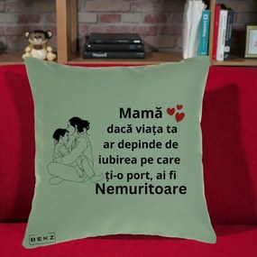 Cadou pentru Mama - Perna Personalizata Mama Nemuritoare Kawaii, 40x40 cm, Verde, Husa Detasabila, Perna Inclusa, BEKZ®