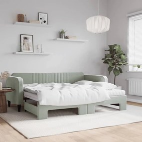 vidaXL Pat de zi cu extensie și saltele, gri deschis 90x200 cm catifea