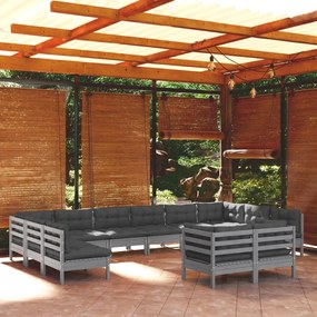 3097273 vidaXL Set mobilier relaxare de grădină & perne 12 piese gri lemn pin