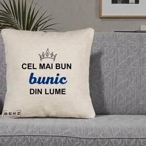 Cadou pentru Bunic - Perna Personalizata Cel Mai Bun Bunic Din Lume Coroana Albastra, 40x40 cm, Bej Canapea, Husa Detasabila, Perna Inclusa, BEKZ®