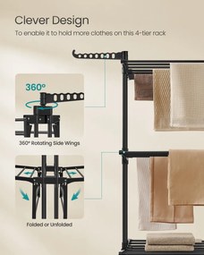 Uscator vertical de rufe pe 4 nivele, Paco, Negru, 125.5x64x169.5cm