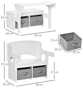 HOMCOM Banca pentru Copii 2 in 1 Convertibila in Pupitru de Scoala cu 2 Sertare din Tesatura, Varsta 2-5 Ani, 60x43x57cm - Alb