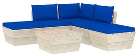 Set mobilier gradina din paleti cu perne, 6 piese, lemn molid Albastru, colt + 2x mijloc + masa + 2x suport pentru picioare, 1