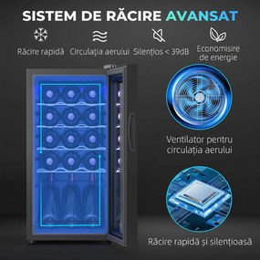 HOMCOM Frigider pentru Vinuri de 15 Sticle cu Geam Anti-UV, Compresor și Rafturi Reglabile, 34,5x45x69 cm, Negru | Aosom Romania