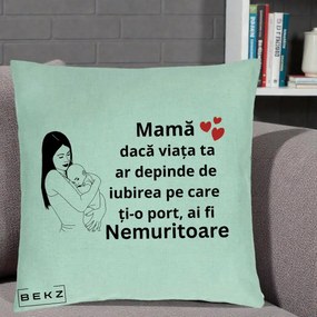 Cadou pentru Mama - Perna Personalizata Mama Nemuritoare Linie, 40x40 cm, Verde Menta, Husa Detasabila, Perna Inclusa, BEKZ®
