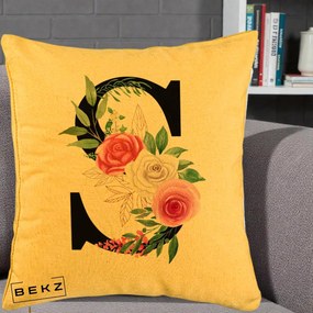 Cadou Personalizat - Perna Personalizata Monograma Florala Litera S, 40x40 cm, Galben, Husa Detasabila, Perna Inclusa, BEKZ®