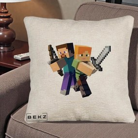 Perna Personalizata Minecraft Steve si Alex, 40x40 cm, Bej Canapea, Husa Detasabila, Perna Inclusa, BEKZ®
