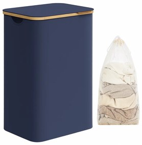 Cos de rufe cu sac detasabil, 42 x 32 x 70,5 cm, bambus / textil, albastru, Songmics