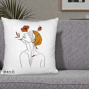 Perna Decorativa Portret Feminin Mac Privire Inalta, 40x40 cm, Alb Pufos, Husa Detasabila, Perna Inclusa, BEKZ®