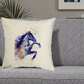 Perna Decorativa Cal Albastru Acuarela, 40x40 cm, Ecru, Husa Detasabila, Perna Inclusa, BEKZ®