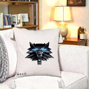 Perna Decorativa The Witcher Wolf Head, 40x40 cm, Bej cu Franjuri, Husa Detasabila, Perna Inclusa, BEKZ®