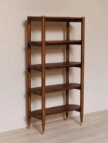 Etajeră din lemn de mango, maro, cu 5 rafturi ovale și detalii din alamă, aspect mid century, 168 x 94 x 40 cm, „Elanza”