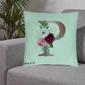 Cadou Personalizat - Perna Personalizata Monograma Rose Gold Litera P, 40x40 cm, Verde Menta, Husa Detasabila, Perna Inclusa, BEKZ®