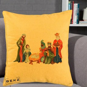Perna Decorativa Nasterea Domnului Cei Trei Magi Acuarela, 40x40 cm, Galben, Husa Detasabila, Perna Inclusa, BEKZ®