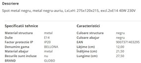 Aplica de perete/tavan metal negru/auriu BELLONA 2
