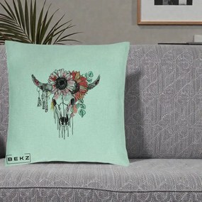 Perna Decorativa Craniu Boho Floral, 40x40 cm, Verde Menta, Husa Detasabila, Perna Inclusa, BEKZ®