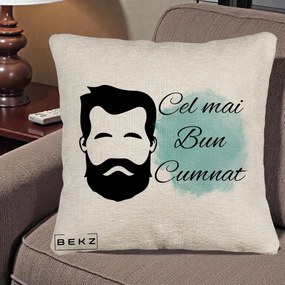Cadou pentru Cumnat - Perna Personalizata Cel mai Bun Cumnat cu Portret Barbat si Pete Teal, 40x40 cm, Bej Canapea, Husa Detasabila, Perna Inclusa, BEKZ®