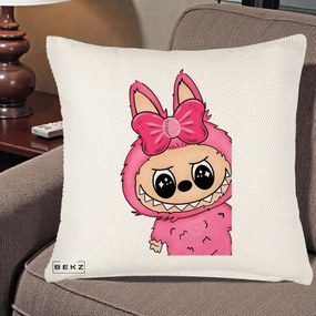 Perna Personalizata Labubu Roz cu Funda, 40x40 cm, Crem Reliefat, Husa Detasabila, Perna Inclusa, BEKZ®