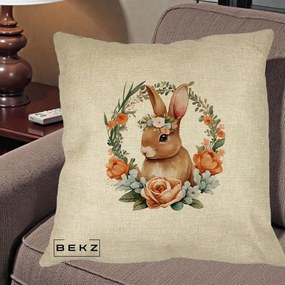 Perna Decorativa Iepuras Floral Coronita Acuarela, 40x40 cm, Crem, Husa Detasabila, Perna Inclusa, BEKZ®