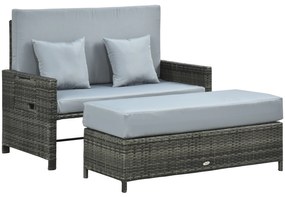 Outsunny Canapea de grădină cu funcție de șezlong, taburet extensibil cu spațiu de depozitare, perne pentru șezut, gri, 130 x 72 x 96 cm | Aosom Romania