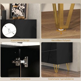 HOMCOM Dulap de Depozitare cu 2 Dulapuri și Raft Reglabil pe 3 Niveluri, Bufet Modern din PAL și Metal, 120x40x75 cm, Negru și Auriu | Aosom Romania