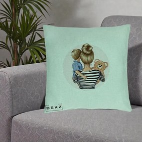 Cadou pentru Mama - Perna Personalizata Mama si Baietelul cu Ursulet, 40x40 cm, Verde Menta, Husa Detasabila, Perna Inclusa, BEKZ®