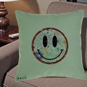 Perna Decorativa Smiley Face cu Artificii Multicolore, 40x40 cm, Verde, Husa Detasabila, Perna Inclusa, BEKZ®