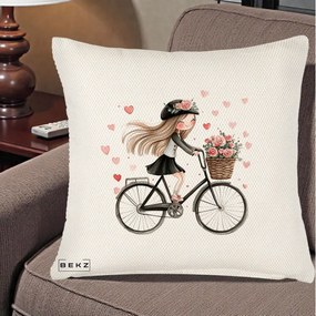 Perna Decorativa Fetita Kawaii pe Bicicleta cu Trandafiri si Inimioare, 40x40 cm, Crem Reliefat, Husa Detasabila, Perna Inclusa, BEKZ®