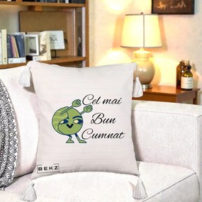 Cadou pentru Cumnat - Perna Personalizata Cel mai Bun Cumnat cu Personaj Funny Verde, 40x40 cm, Bej cu Franjuri, Husa Detasabila, Perna Inclusa, BEKZ®
