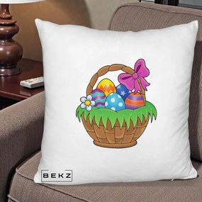 Perna Decorativa Cos cu Oua de Pasti Colorat, 40x40 cm, Alb Pufos, Husa Detasabila, Perna Inclusa, BEKZ®
