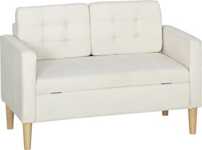 HOMCOM Canapea cu două locuri cu spațiu de depozitare, capitonare cu nasturi, perne, lemn de cauciuc, 117x62x78cm, alb crem | Aosom Romania