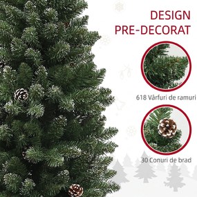 HOMCOM Brad de Crăciun Înzăpezit Înalt cu 618 Crengi, Brad Artificial de Crăciun cu Conuri și Bază, Ø70x180 cm, Verde | Aosom Romania