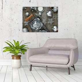 Tablou pe sticlă - decorațiuni argintii de Crăciun (70x50 cm)