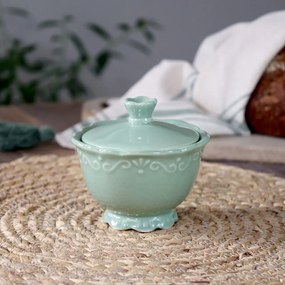 Zaharnița din porțelan verde mentă, H9/D10 cm, model dantelă în relief, „Provence"