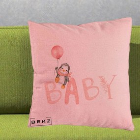 Perna Personalizata Baby Pinguin Roz, 40x40 cm, Roz, Husa Detasabila, Perna Inclusa, BEKZ®