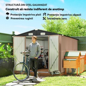 Outsunny Magazie Metalică 305 x 245 cm, Căsuță de Grădină Rezistentă cu 4 Guri de Aerisire și Uși Duble cu Încuietoare, Maro | Aosom Romania