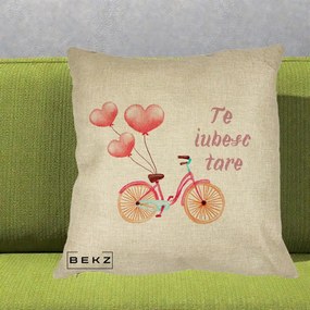 Perna Decorativa Te Iubesc Tare cu Bicicleta Roz si Baloane Inima, 40x40 cm, Crem, Husa Detasabila, Perna Inclusa, BEKZ®