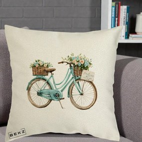 Perna Decorativa Bicicleta Teal cu Cosuri Duble de Flori Vintage, 40x40 cm, Ecru, Husa Detasabila, Perna Inclusa, BEKZ®