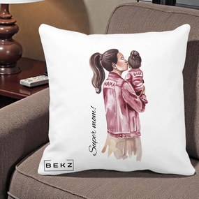 Cadou pentru Mama - Perna Personalizata Super Mom Jachete Roz, 40x40 cm, Alba Mata, Husa Detasabila, Perna Inclusa, BEKZ®