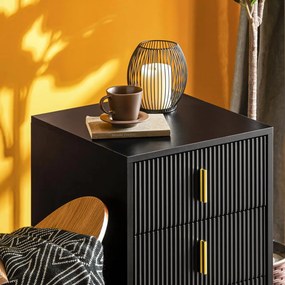 NON12 - Set 2x Noptiere negre 40x40x63cm, riflaje, cu 3 sertare, dormitor - Negru-Auriu