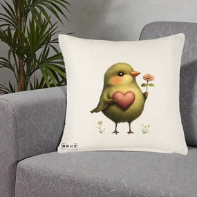 Perna Decorativa Pasare Verde cu Inima si Floare, 40x40 cm, Crem Reliefat, Husa Detasabila, Perna Inclusa, BEKZ®