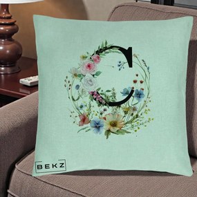 Cadou Personalizat - Perna Personalizata Monogram Litera C cu Flori Acuarela, 40x40 cm, Verde Menta, Husa Detasabila, Perna Inclusa, BEKZ®