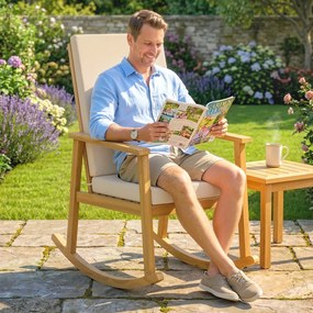 Outsunny Scaun balansoar din lemn de acacia Fotoliu balansoar cu spătar înalt Perne până la 160 kg 60 x 89 x 107 cm Bej | Aosom Romania