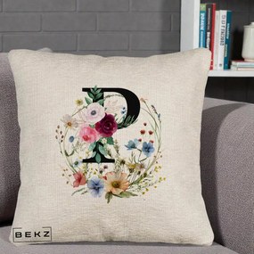 Cadou Personalizat - Perna Personalizata Monogram Litera P cu Flori Acuarela, 40x40 cm, Bej Canapea, Husa Detasabila, Perna Inclusa, BEKZ®