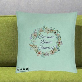 Cadou pentru Soacra - Perna Personalizata Cea mai Buna Soacra cu Coronita Flori Boho Pastel, 40x40 cm, Verde Menta, Husa Detasabila, Perna Inclusa, BEKZ®