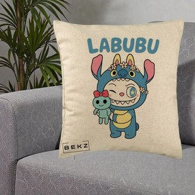 Perna Personalizata Labubu x Stitch cu Flori, 40x40 cm, Bej, Husa Detasabila, Perna Inclusa, BEKZ®