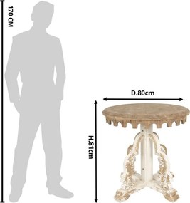 Măsuță laterală sculptată, rotundă, din lemn, natur și alb, cu bordură în arcade și console cu volute, finisaj antichizat, 81 x 80 cm, „Éléonore”